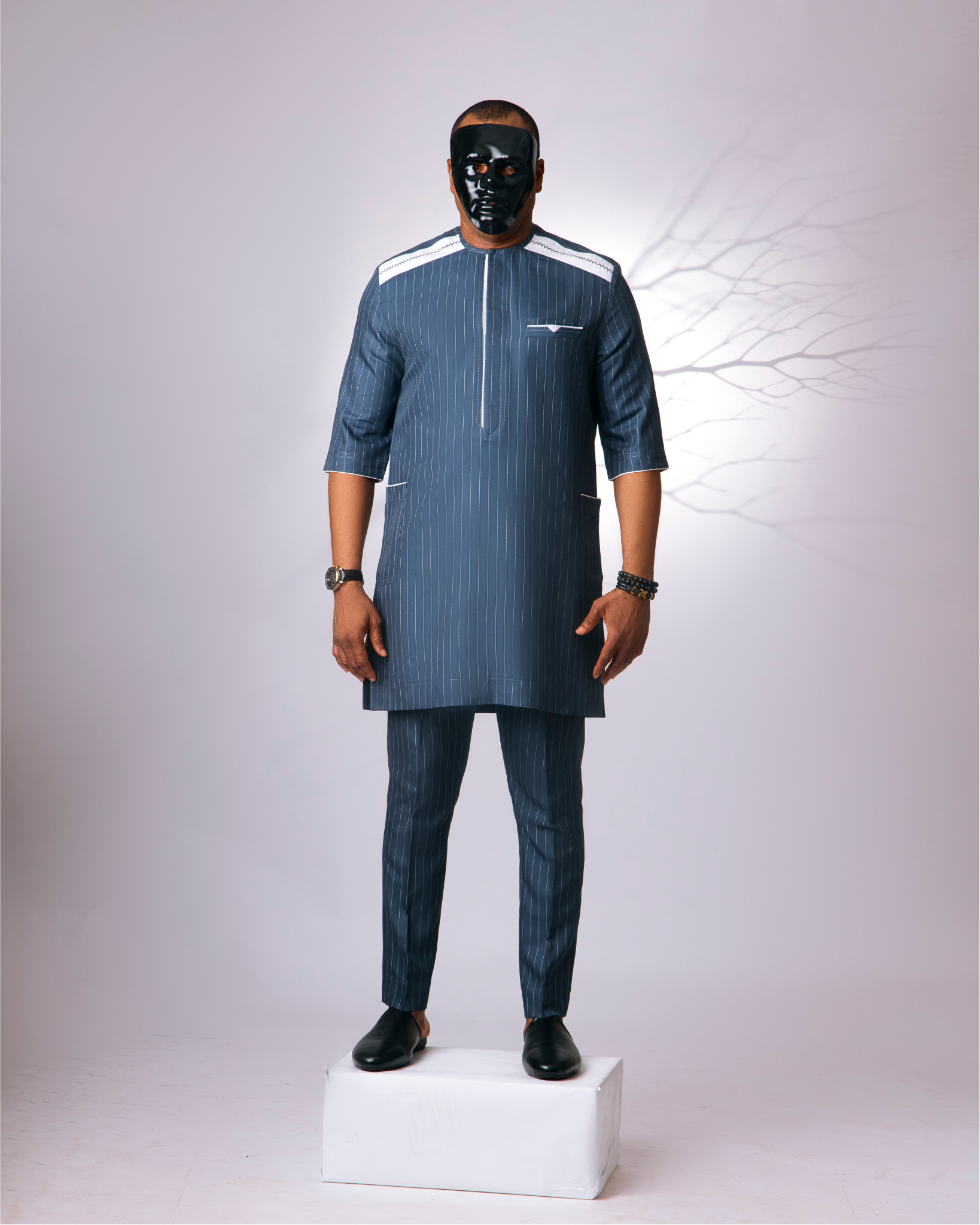 Navy Blue' Pinstriped Kaftan