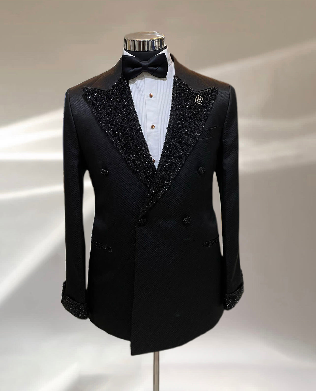 Bedazzled Black Damask Tuxedo (Double Breasted)