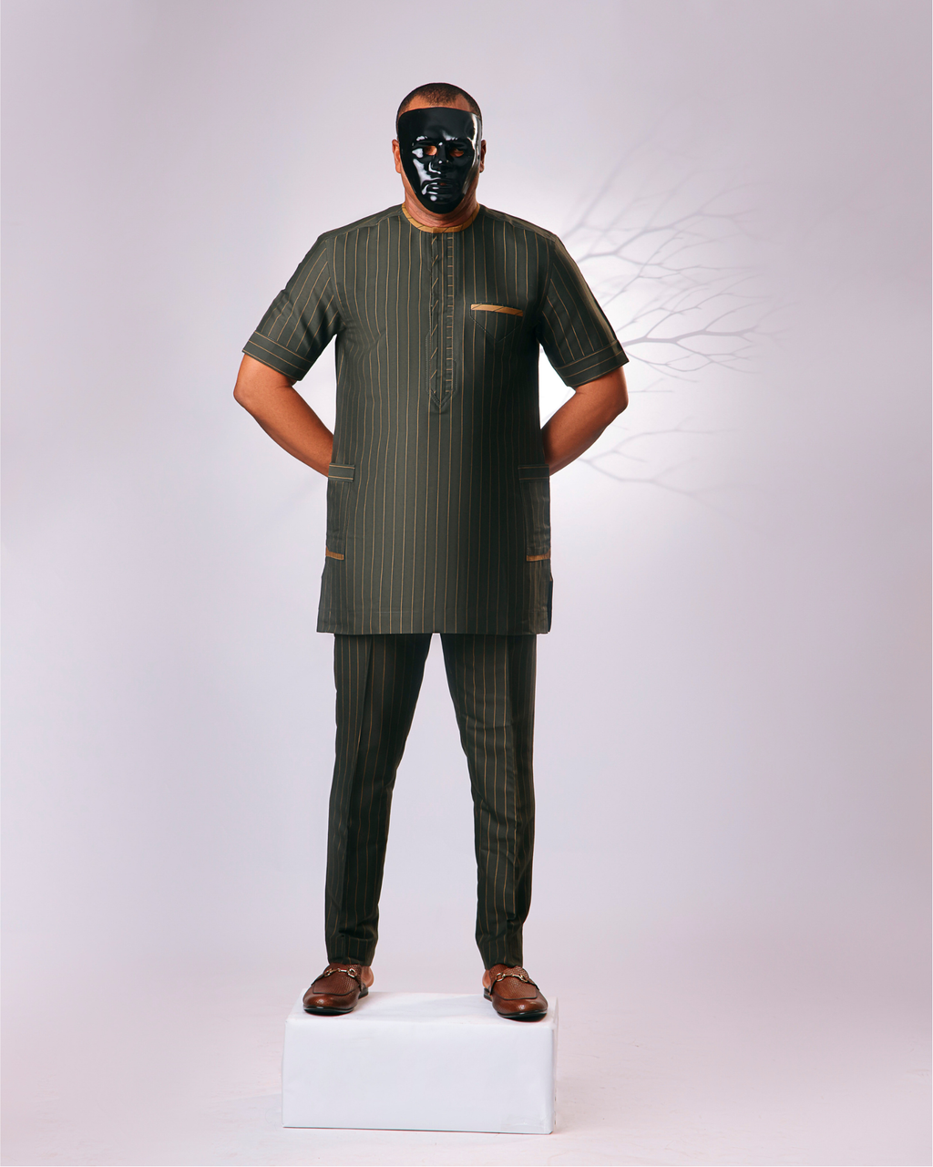 Olive green' Pinstriped Kaftan