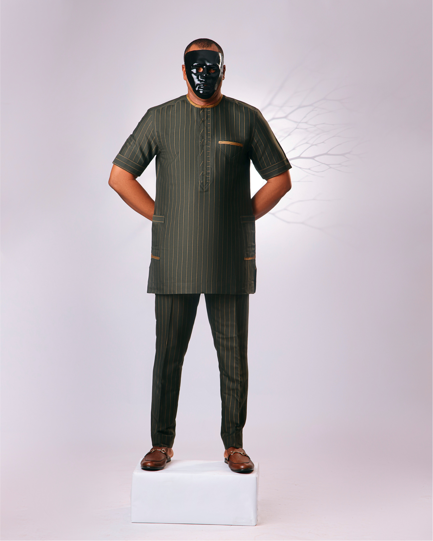 Olive green' Pinstriped Kaftan