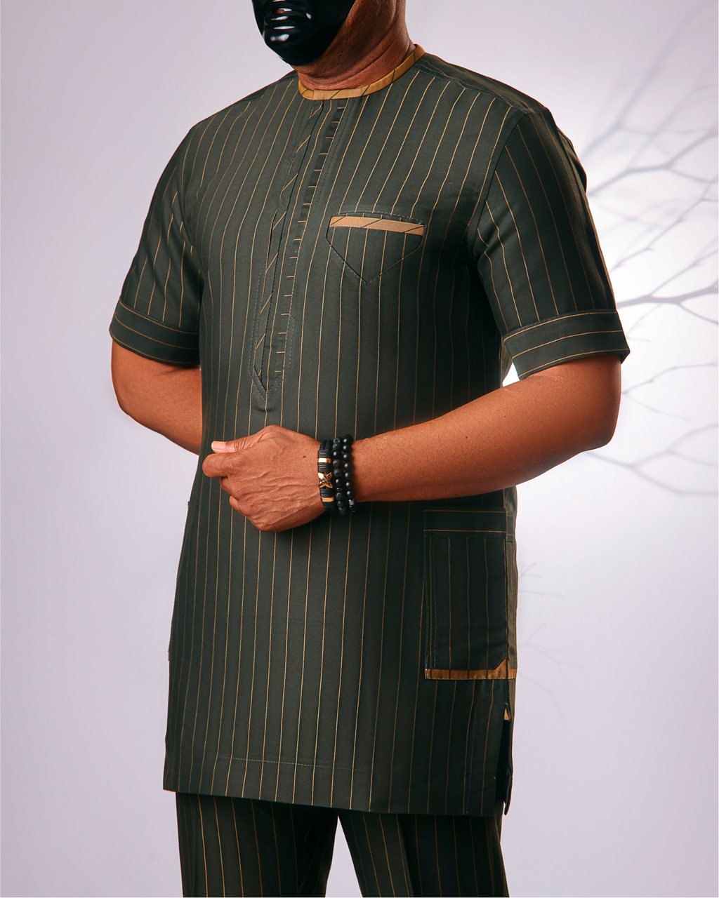 Olive green' Pinstriped Kaftan